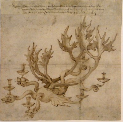 Ontwerp voor een drakenkandelaar met rendiergewei door Albrecht Dürer